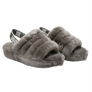 Size 7 UGG Women's Fluff Yeah Gray Fur Slingback Slipper Wool Shearling Leather